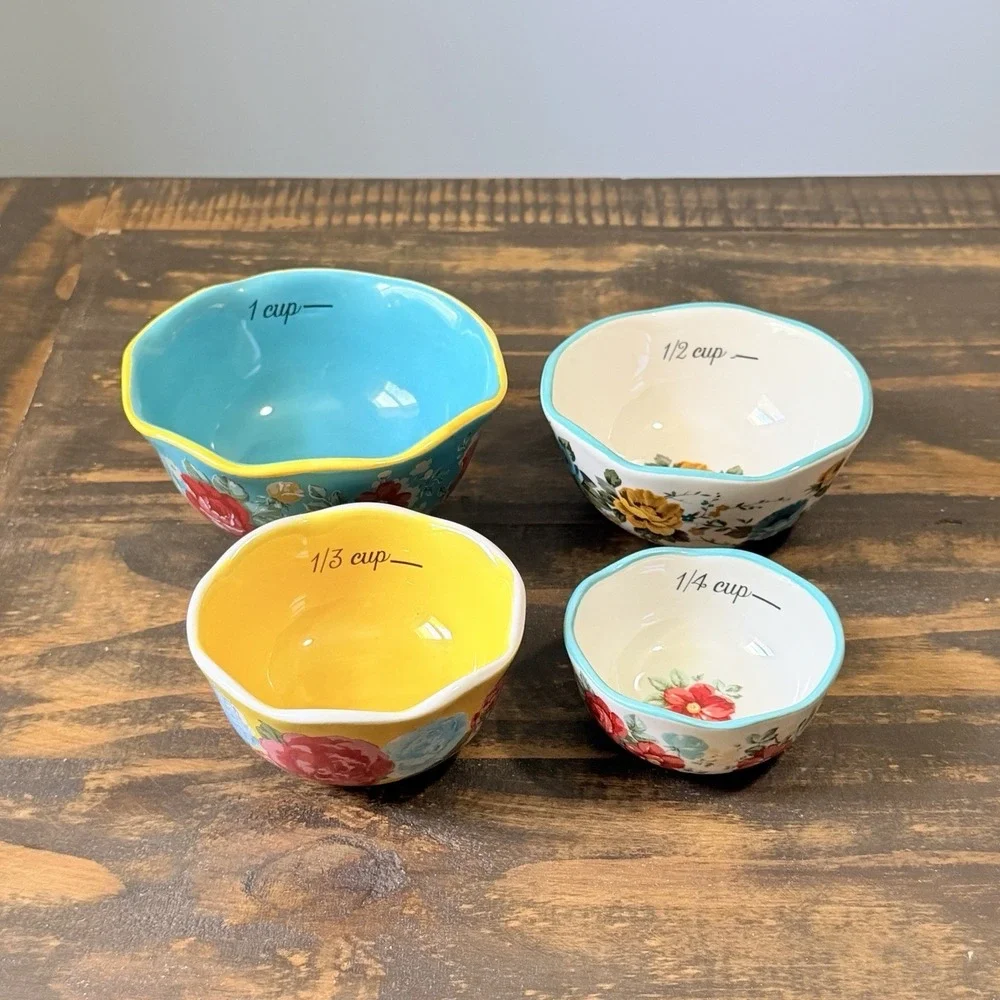 Pioneer Woman Vintage Floral Measuring Cups Set 4 Ceramic Nesting Discontinued